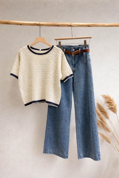 JERSEY MUJER CALADA COLOR BEIGE MANGA CORTA CON CUELLO CONTRASTE FBZMT9621