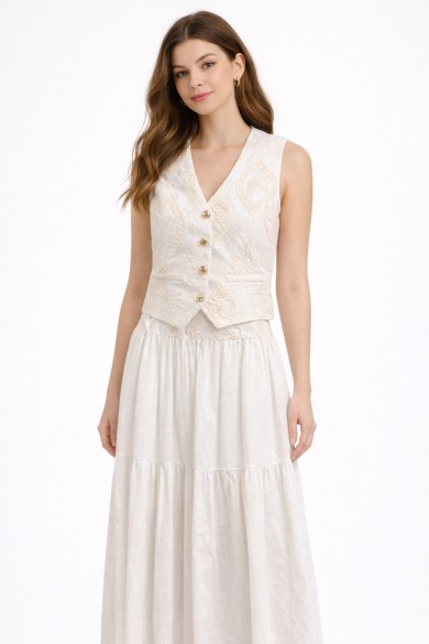 CHALECO MUJER BLANCO CON BORDADO Y ENCAJE BOTONES DECORATIVOS FBZMA1625A