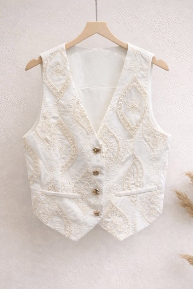 CHALECO MUJER BLANCO CON BORDADO Y ENCAJE BOTONES DECORATIVOS FBZMA1625A