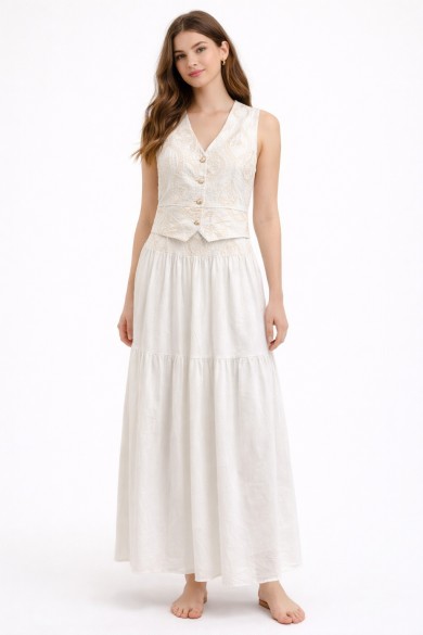 FALDA LARGA BLANCA MUJER CON BORDADO Y VOLANTES ESTILO ROMÁNTICO FBZMA1625B