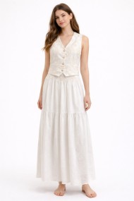 FALDA LARGA BLANCA MUJER CON BORDADO Y VOLANTES ESTILO ROMÁNTICO FBZMA1625B