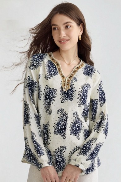 BLUSA MUJER ESTAMPADA AZUL Y BLANCA ESCOTE EN V ESTILO BOHO TY-1092