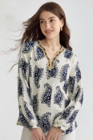 BLUSA MUJER ESTAMPADA AZUL Y BLANCA ESCOTE EN V ESTILO BOHO TY-1092