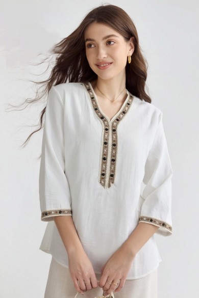BLUSA MUJER BLANCA CON BORDADO EN CUELLO ESTILO BOHO TY-1110