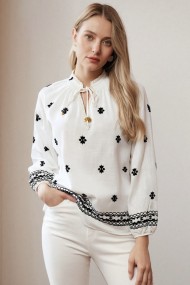 BLUSA MUJER BLANCA CON BORDADO NEGRO Y CORDÓN TY-1127