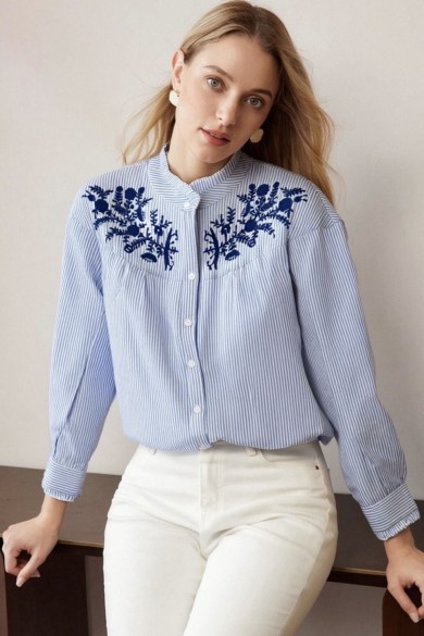 CAMISA MUJER RAYAS AZUL Y BLANCO CON BORDADO TY-1091