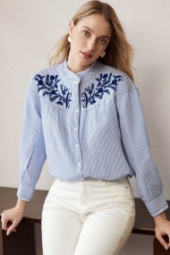 CAMISA MUJER RAYAS AZUL Y BLANCO CON BORDADO TY-1091