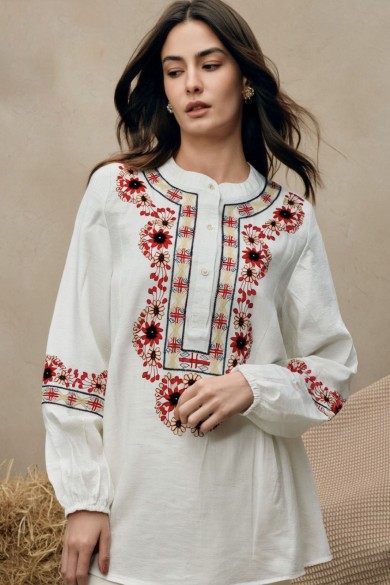 BLUSA MUJER BLANCA CON BORDADO ÉTNICO ROJO TY-1096