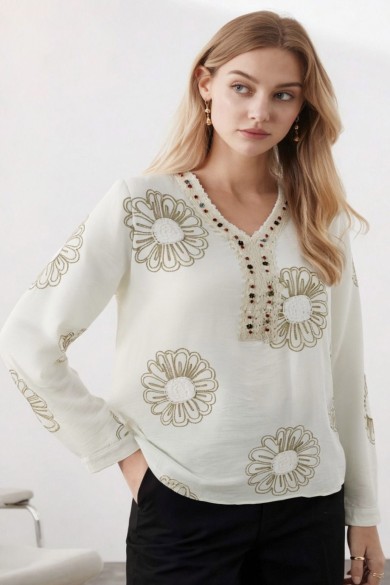 BLUSA MUJER BLANCA CON ESTAMPADO FLORAL Y CUELLO V TY-1072