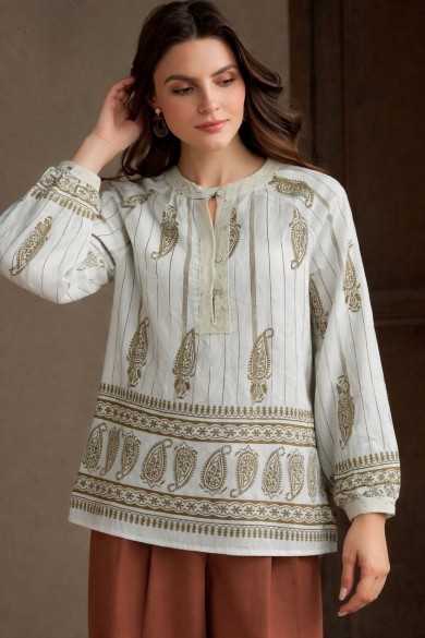 BLUSA MUJER BLANCA CON RAYAS Y ESTAMPADO PAISLEY TY-1076
