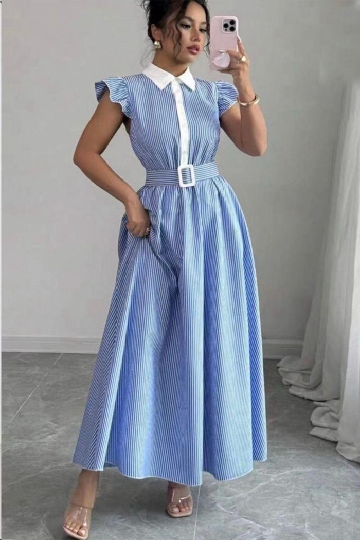 VESTIDO LARGO MUJER RAYAS CON CINTURÓN TY-1139