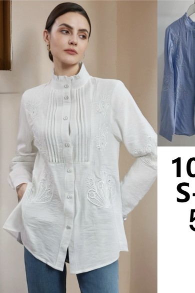 CAMISA MUJER BLANCA BORDADA CON CUELLO ALTO Y BOTONES TY-1077