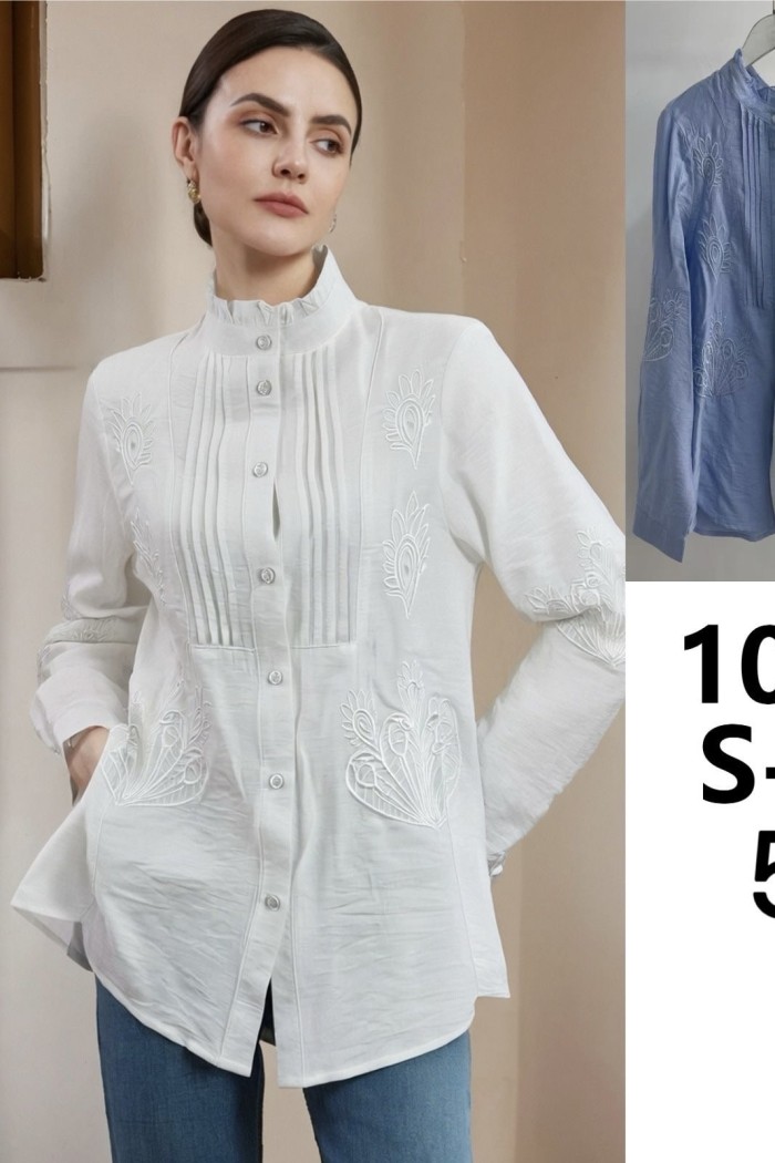 CAMISA MUJER BLANCA BORDADA CON CUELLO ALTO Y BOTONES TY-1077