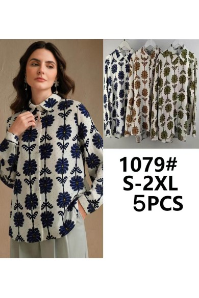 CAMISA MUJER BLANCA ESTAMPADA CON MOTIVO FLORAL AZUL TY-1079