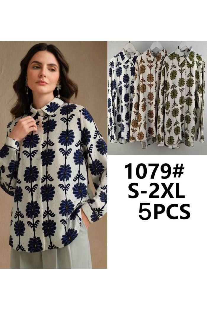 CAMISA MUJER BLANCA ESTAMPADA CON MOTIVO FLORAL AZUL TY-1079
