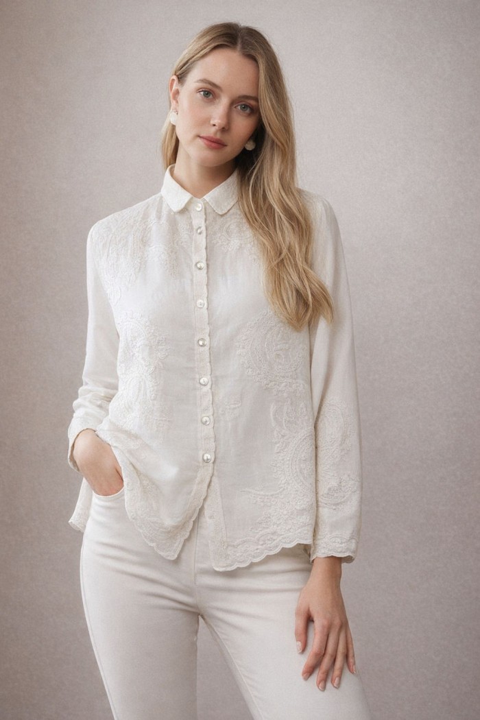 CAMISA MUJER BORDADA BLANCA ELEGANTE TY-1088