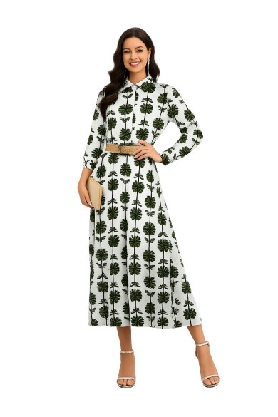 VESTIDO LARGO ESTAMPADO CON CUELLO CAMISERO Y MANGA LARGA TY-1081