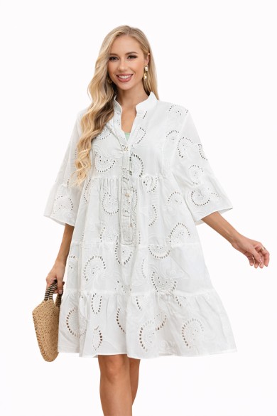 VESTIDO BLANCO CALADO CON BOTONES Y MANGA 3/4 – ESTILO BOHO TY-1005
