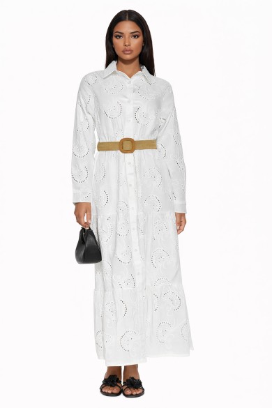VESTIDO LARGO BLANCO CALADO CON BOTONES Y CINTURÓN – ESTILO BOHO TY-1106