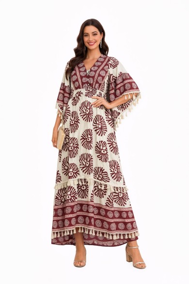 VESTIDO LARGO ESTAMPADO BOHO CON ESCOTE EN V Y FLECOS TY-1101