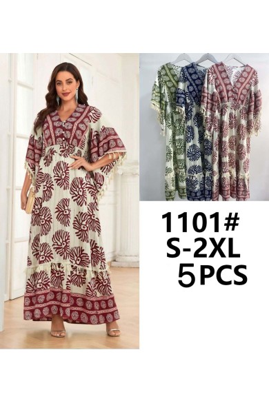 VESTIDO LARGO ESTAMPADO BOHO CON ESCOTE EN V Y FLECOS TY-1101