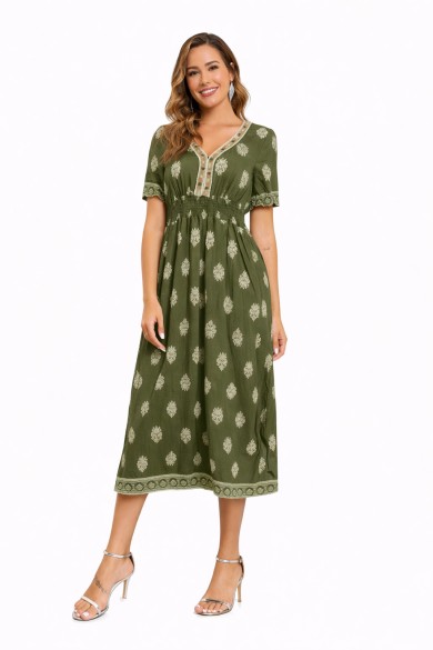 VESTIDO MIDI VERDE ESTAMPADO CON CINTURA ELÁSTICA – ESTILO BOHO TY-1112