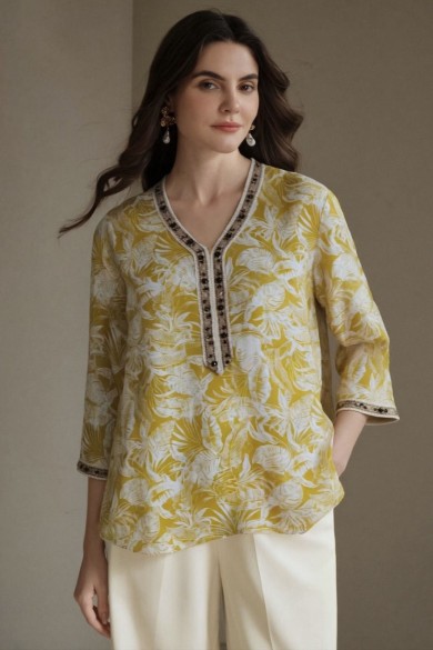 BLUSA BOHO MUJER ESTAMPADO AMARILLO CUELLO V CON DETALLES DECORATIVOS TY-1125