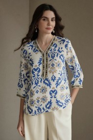 BLUSA BOHO MUJER ESTAMPADO AZUL CUELLO V CON DETALLES DECORATIVOS TY-1126