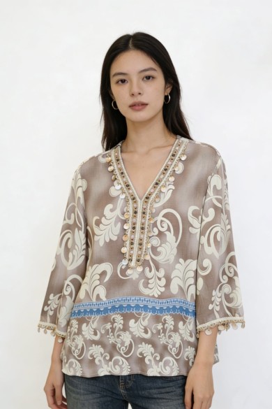 BLUSA BOHO MUJER ESTAMPADO ÉTNICO CUELLO V CON DETALLES DECORATIVOS TY-1121