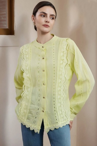 CAMISA MUJER COLOR LIMA CON ENCAJE Y BORDADO MANGA LARGA TY-1098