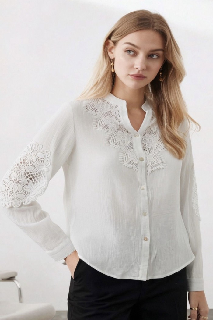 CAMISA MUJER BLANCA CON ENCAJE BORDADO Y CUELLO MAO MANGA LARGA TY-1136