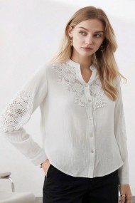 CAMISA MUJER BLANCA CON ENCAJE BORDADO Y CUELLO MAO MANGA LARGA TY-1136