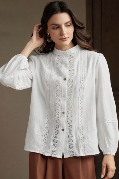 CAMISA MUJER BLANCA CON ENCAJE VERTICAL Y CUELLO MAO MANGA LARGA TY-1137
