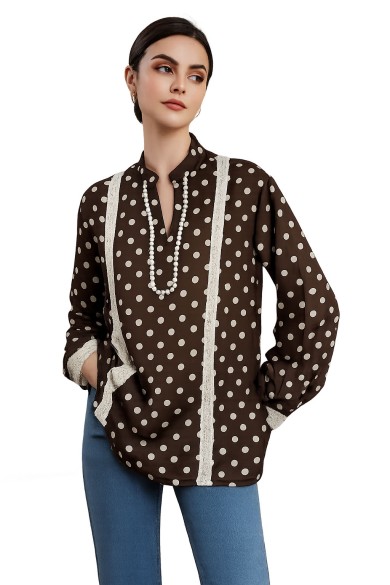 BLUSA ELEGANTE DE LUNARES CON ENCAJE, MANGA LARGA TY-1132