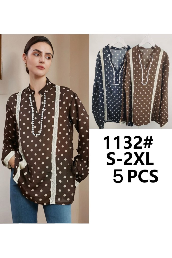 BLUSA ELEGANTE DE LUNARES CON ENCAJE, MANGA LARGA TY-1132
