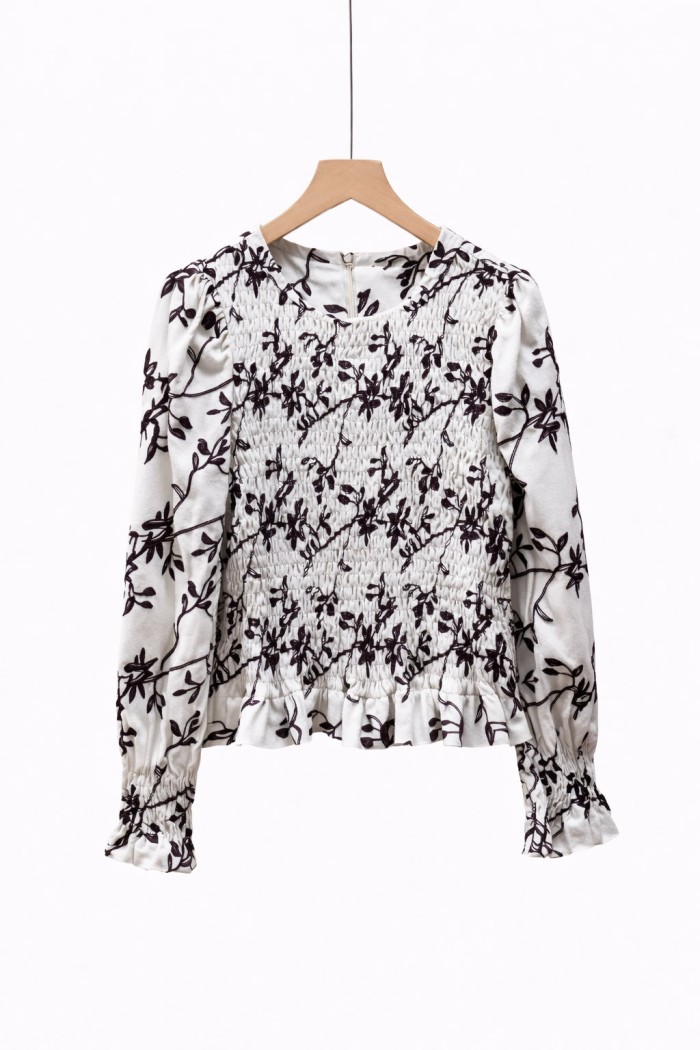 BLUSA DE PANA BORDADO FLORAL EN TONO CHOCOLATE FBZMR22448