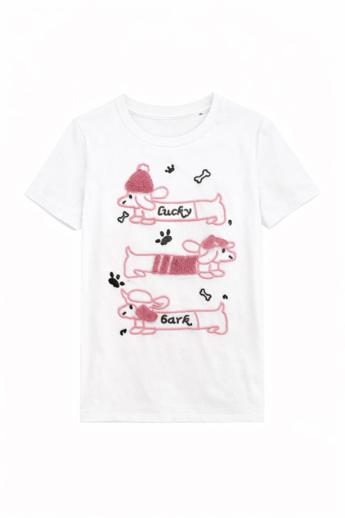 CAMISETA MANGA CORTA CUELLO REDONDO BORDADO DE PERROS SALCHICHAS ROSA TY-L39069