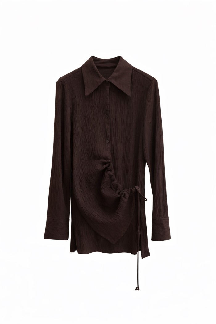 CAMISA TEXTURIZADA DE RAYÓN CON DETALLE FRUNCIDO MARRON FBMZA1526