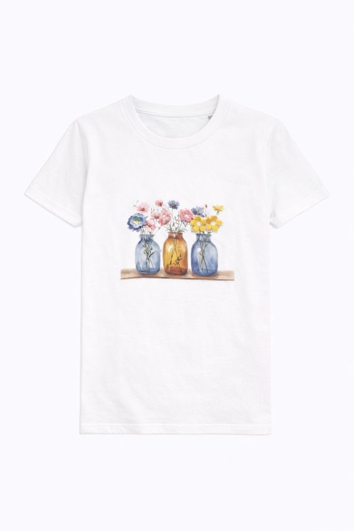 CAMISETA BLANCA CON ESTAMPADO DE JARRONES CON FLORES TY-K1776