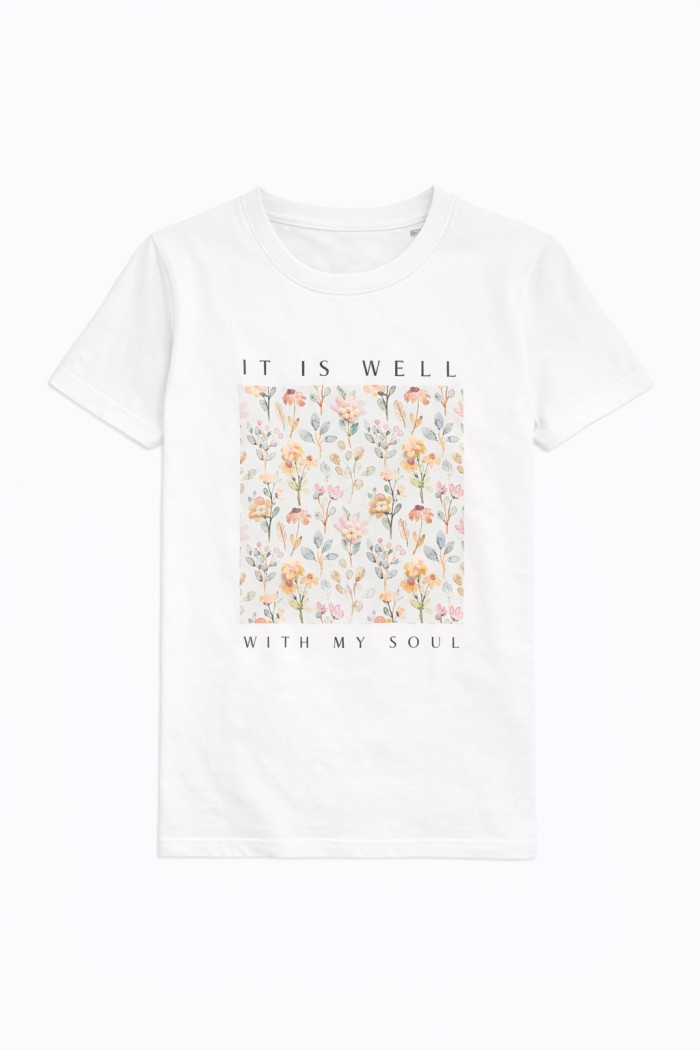 CAMISETA BLANCA CON ESTAMPADO FLORAL Y TEXTO TY-K1703