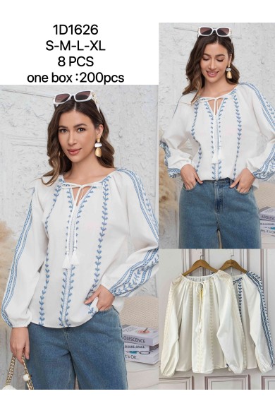 BLUSA BLANCA BORDADA AZUL CON CUELLO LAZO ESTILO BOHO DD-1D1626