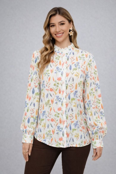 CAMISA ESTAMPADA FLORAL CON CUELLO FRUNCIDO DD-1D1860