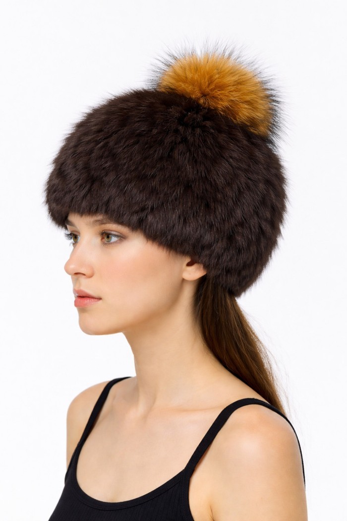 GORRO PELO DE CONEJO CON POMPON TEJIDO A MANO POMPÓN DE PELO DE MARMOTA  PC-WPH5922-MARRON