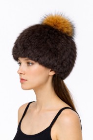 GORRO PELO DE CONEJO CON POMPON TEJIDO A MANO POMPÓN DE PELO DE MARMOTA  PC-WPH5922-MARRON