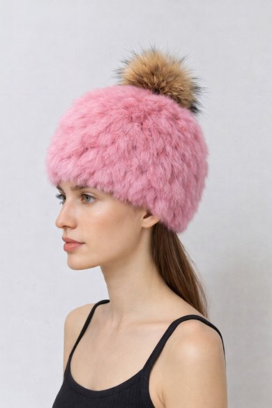 GORRO PELO DE CONEJO CON POMPON TEJIDO A MANO POMPÓN DE PELO DE MARMOTA PC-WPH5922-08