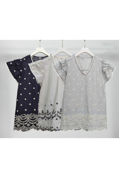 BLUSA MUJER BORDADA ESTILO ROMÁNTICO MANGA CORTA CUELLO EN V PRIMAVERA VERANO VARIOS COLORES TY-M9287