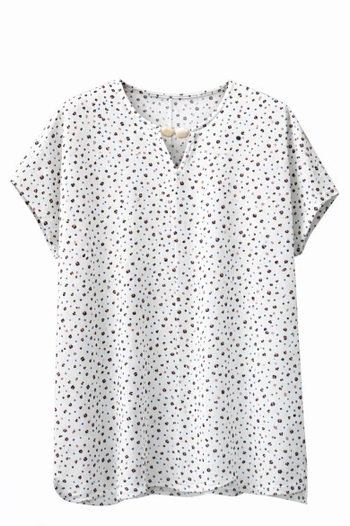 BLUSA ESTAMPADA DE MANGA CORTA CON DETALLE DECORATIVO EN EL CUELLO TY-L39089