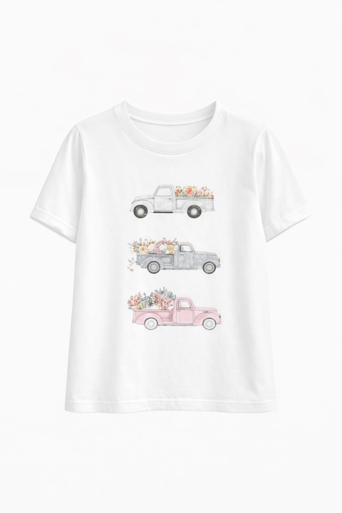 CAMISETA ESTAMPADA CAMIONETAS FLORES MANGA CORTA CUELLO REDONDO ESTILO CASUAL PRIMAVERA VERANO TY-K1856