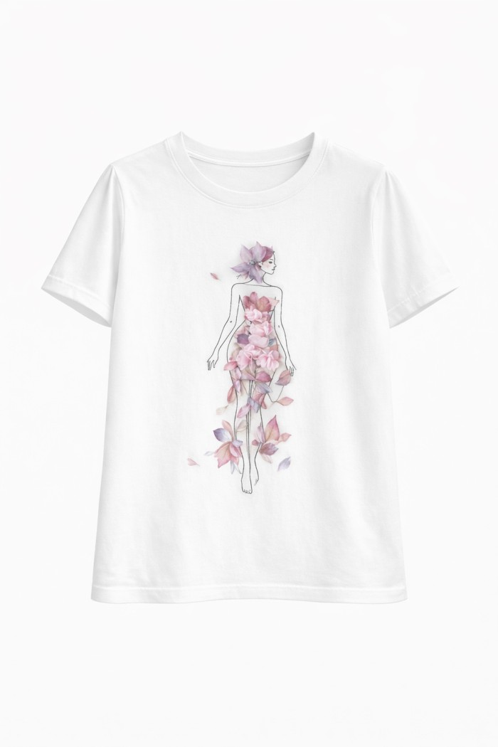 CAMISETA ESTAMPADO ARTÍSTICO MUJER FLORES ACUARELA MANGA CORTA CUELLO REDONDO ESTILO ROMÁNTICO PRIMAVERA VERANO TY-K1851