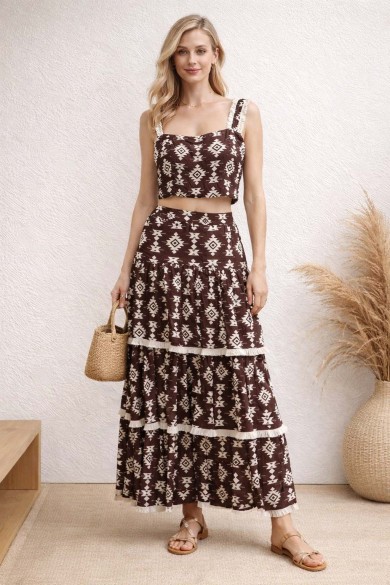 FALDA LARGA CAPAS ESTAMPADO ÉTNICO FBZMR22412B